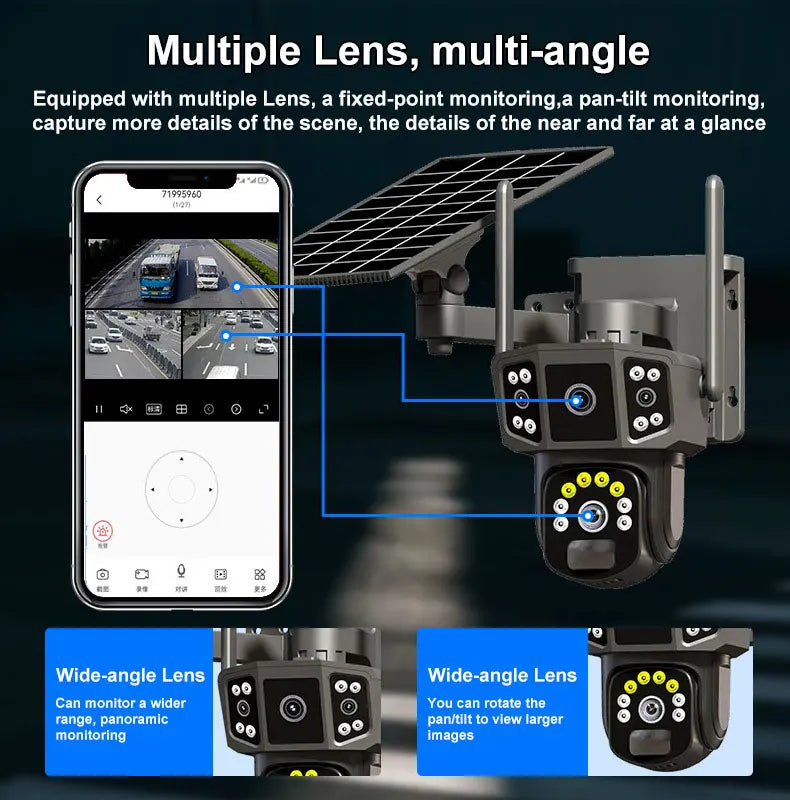 Solar Camera 4G SIM Card WiFi Wireless Network 360 IP 8MP 4K HD CCTV Battery Dual Lens Outdoor Smart Home Security Surveillance