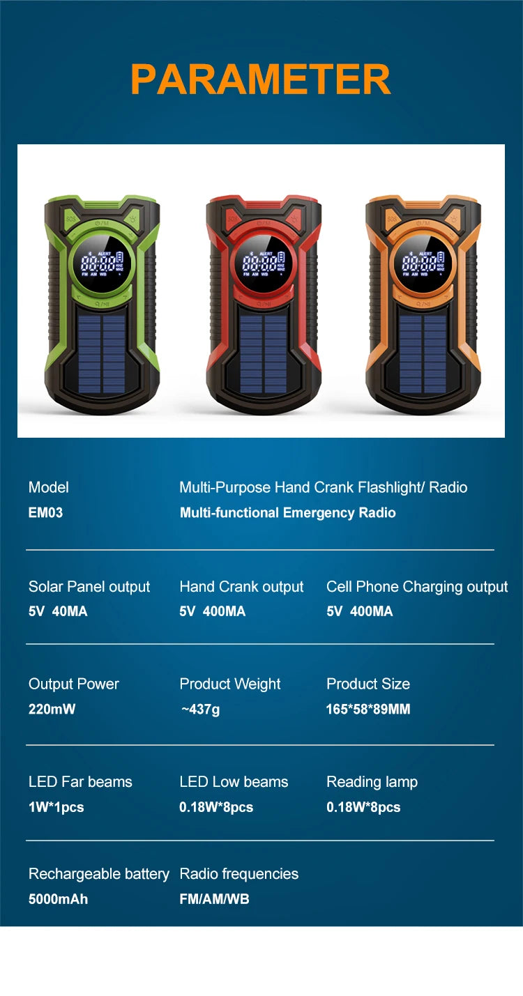 Emergency Weather Radio – 5000mAh Solar & Hand Crank, Bluetooth 5.3, IP65 Waterproof