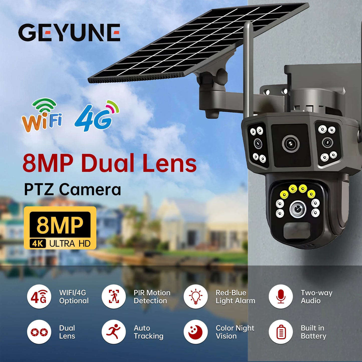 Solar Camera 4G SIM Card WiFi Wireless Network 360 IP 8MP 4K HD CCTV Battery Dual Lens Outdoor Smart Home Security Surveillance