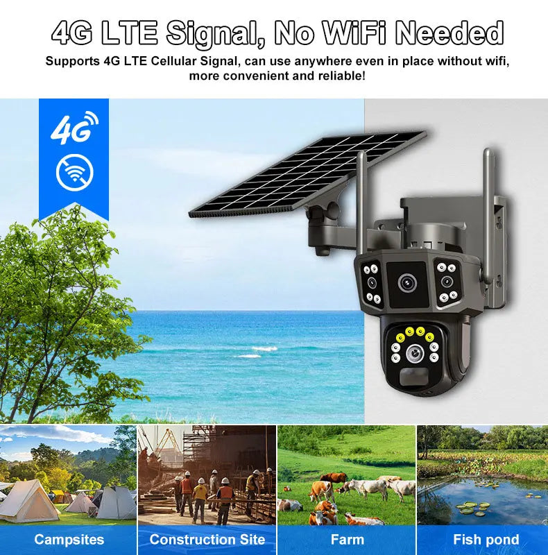 Solar Camera 4G SIM Card WiFi Wireless Network 360 IP 8MP 4K HD CCTV Battery Dual Lens Outdoor Smart Home Security Surveillance