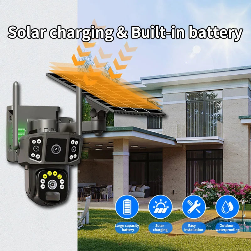 Solar Camera 4G SIM Card WiFi Wireless Network 360 IP 8MP 4K HD CCTV Battery Dual Lens Outdoor Smart Home Security Surveillance