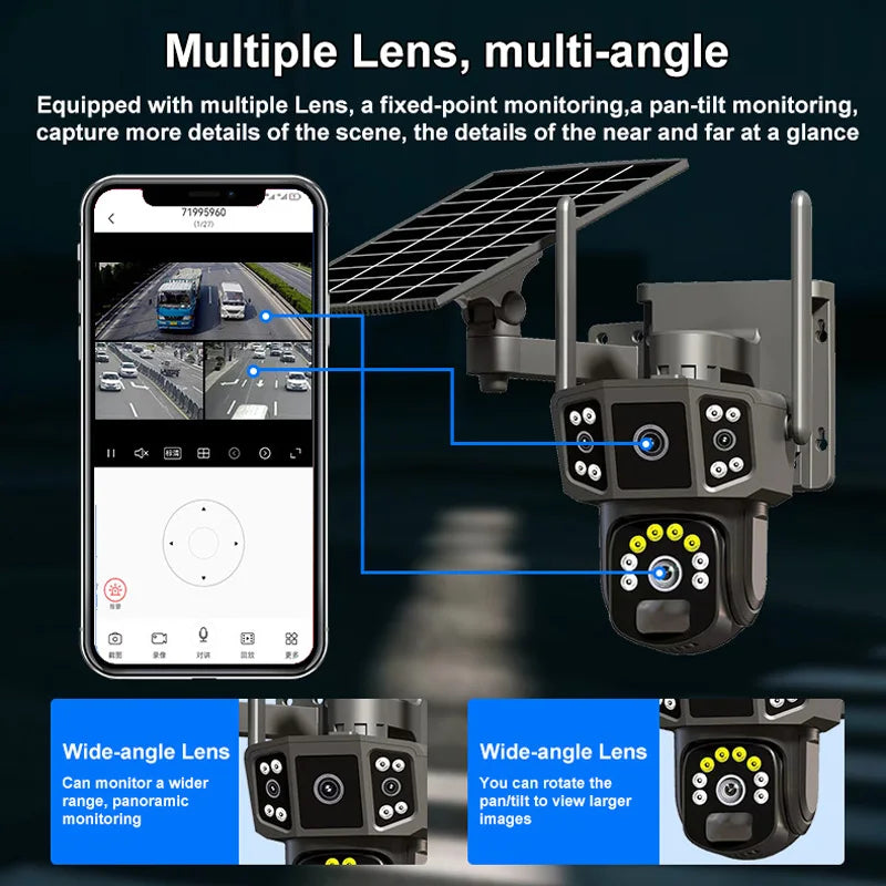 Solar Camera 4G SIM Card WiFi Wireless Network 360 IP 8MP 4K HD CCTV Battery Dual Lens Outdoor Smart Home Security Surveillance