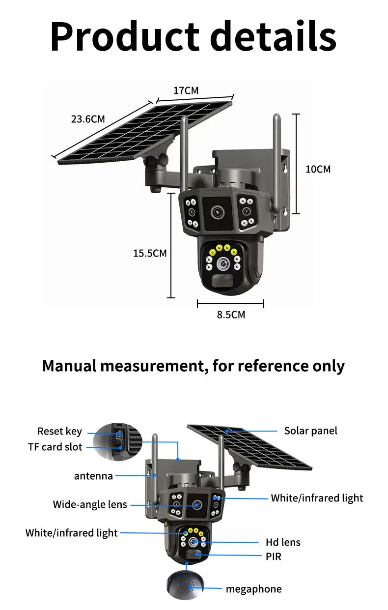 Solar Camera 4G SIM Card WiFi Wireless Network 360 IP 8MP 4K HD CCTV Battery Dual Lens Outdoor Smart Home Security Surveillance