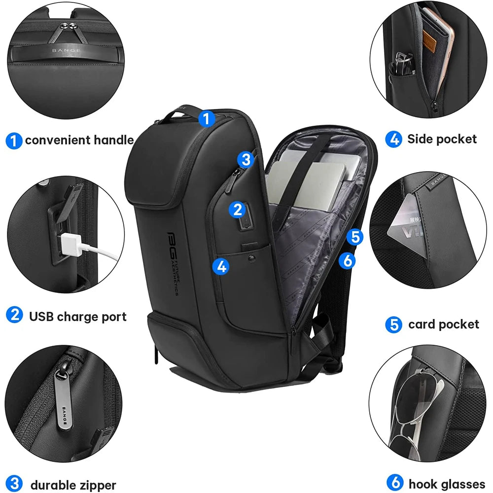 BANGE Pro Smart Travel Backpack with USB Charging Port – Fits 15.6” Laptop, Waterproof & Ergonomic for Daily Commute