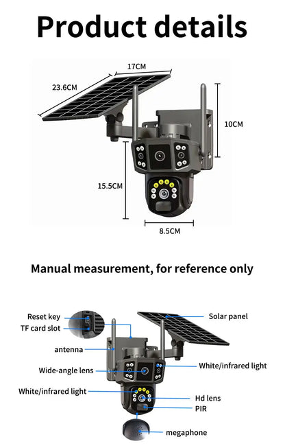 Solar Camera 4G SIM Card WiFi Wireless Network 360 IP 8MP 4K HD CCTV Battery Dual Lens Outdoor Smart Home Security Surveillance